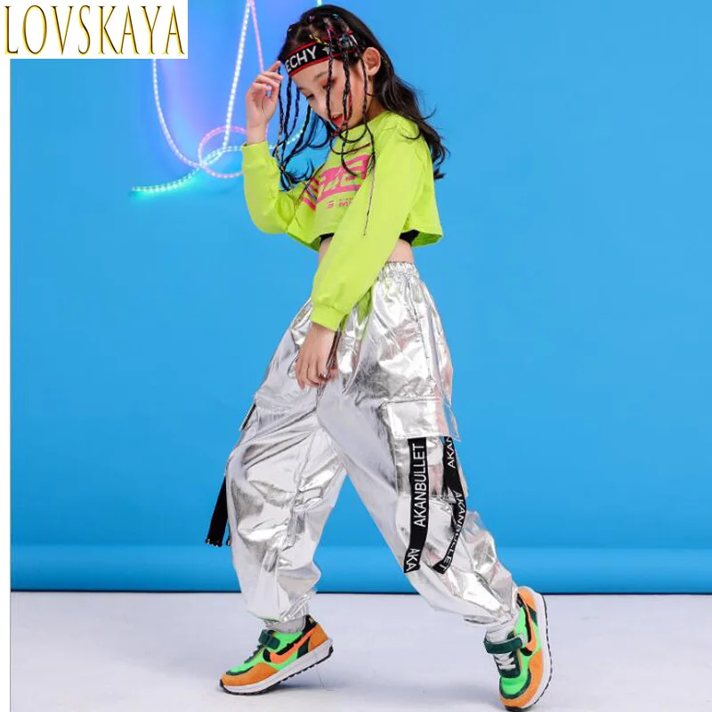 Children Hip Hop Clothing Green Sweatshirt Top Crop Casual Pants Girl Kids Jazz Dance Wear Costume Ballroom Dancing Clothes