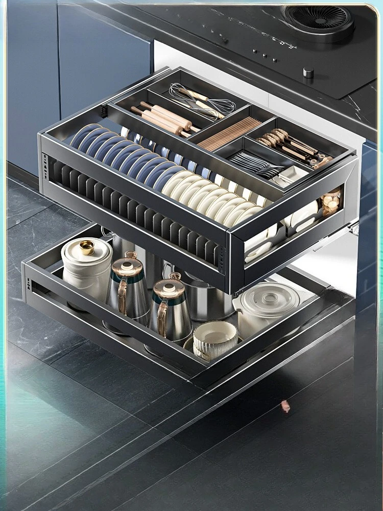 

Kitchen cabinet basket drawer type 304 stainless steel pot storage built-in bowl basket three-layer basket