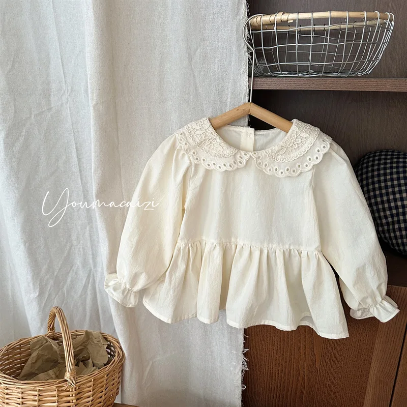 

Children Shirts 2025 Autumn New Lace Collar Sweet Solid Color Girl's Shirt Ruffled Blouse Girl Baby Long Sleeve Doll Shirt