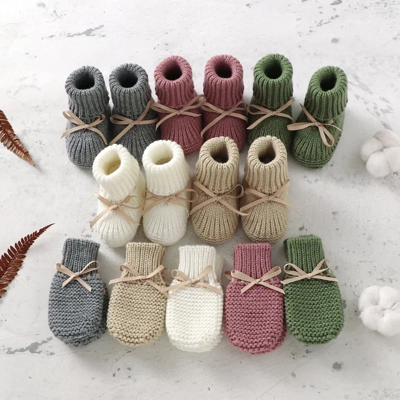 Baby Shoes + Gloves Set Knit Toddler Infant Slip-On Bed Shoes Hand Made Newborn Girl Boy Cute Boot Mitten Fashion Butterfly-knot