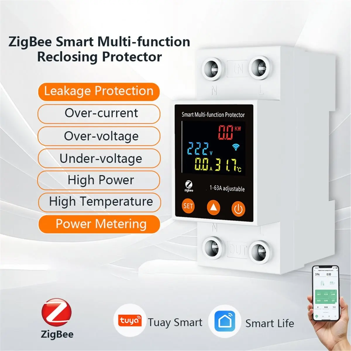 2P 63A Tuya ZigBee Smart Bidirectional Metering Residual Current Circuit Breaker, Overvoltage Circuit Breaker, APP Timer