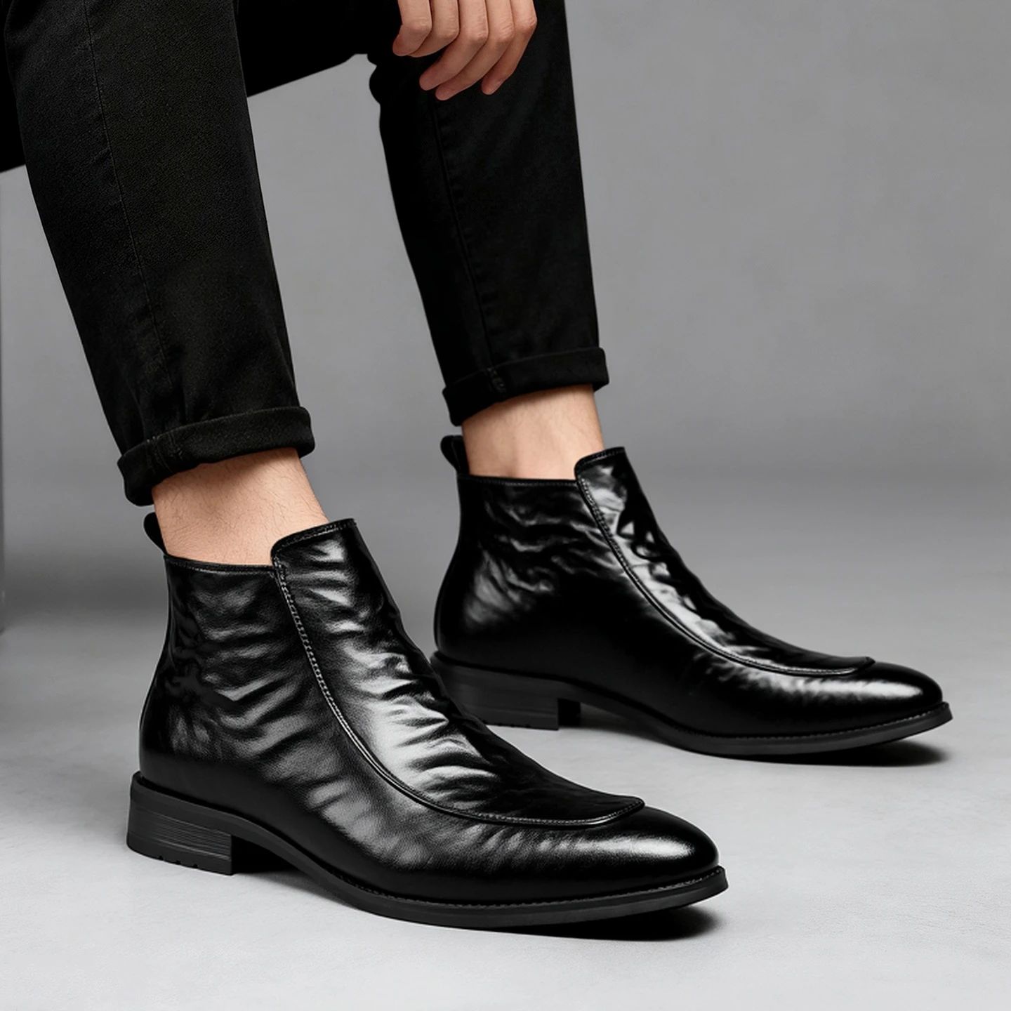 

Chelsea Boots Velvet Men's Leather Low-top Short Side Zipper Business Casual Leather Shoes Men's Pointed Leather Increase Height