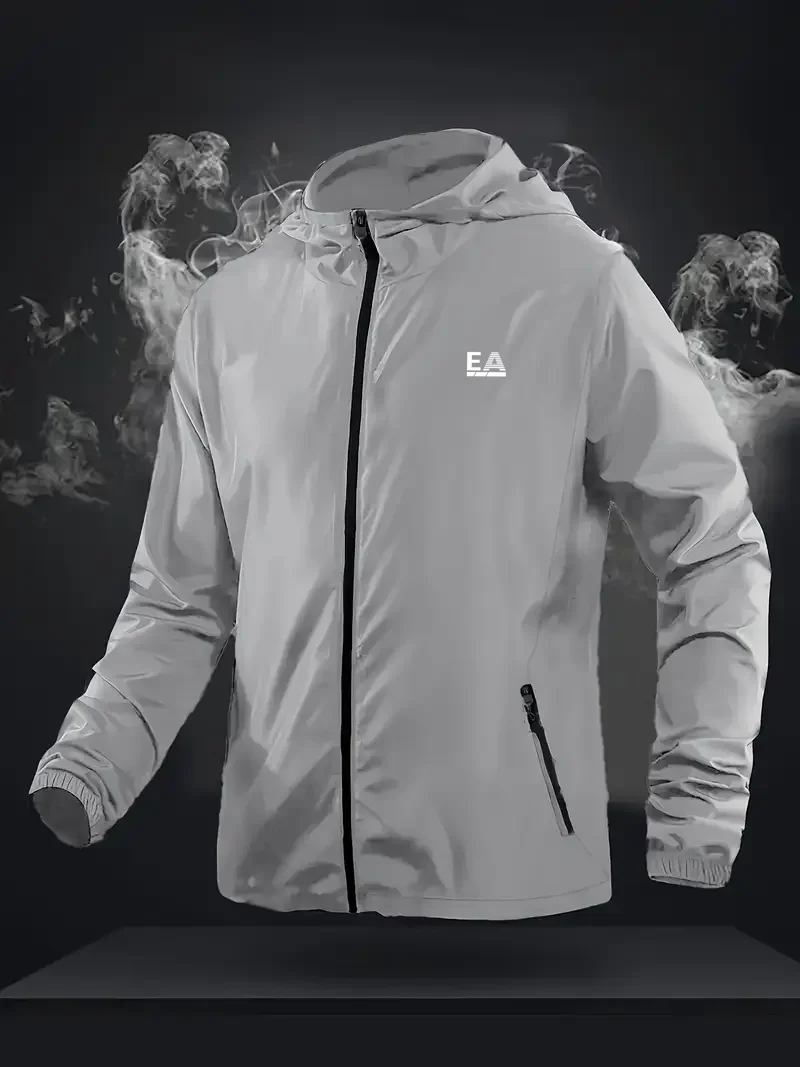 Men's EA Letter Logo Hooded Windbreaker Jacket Lightweight Waterproof Casual Outdoor Zip-Up Coat