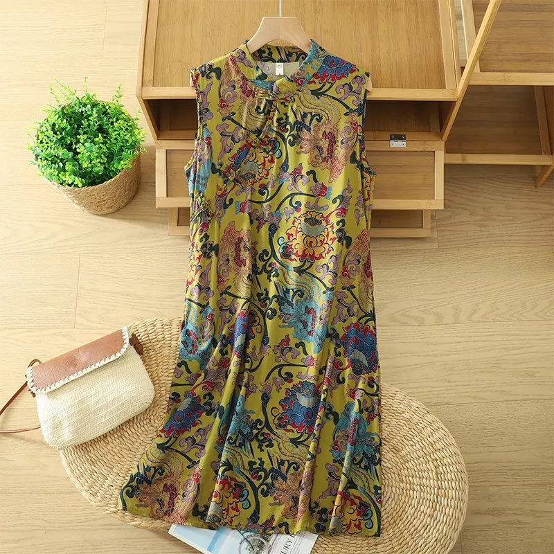 วินเทจสไตล์จีน Midi ชุดผู้หญิงฤดูร้อนใหม่ปุ่มแนวโน้มแห่งชาติ Qipao Elegant เสื้อกั๊กกระโปรงขนาดใหญ่ N983