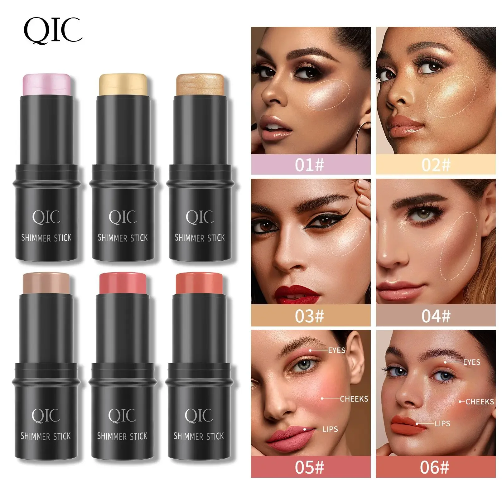 Qic 6-kleuren Contour Stick Highlight Fleuren Duurzame Waterdichte Concealer Multifunctionele Shimmer Blusher Oogschaduw Gezichtsmake-up