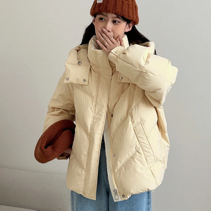 Thicken Warm Stand Collar Hooded Parkas Women Swinter Olid Color Long Sleeve Short Puff Parkas Zipper Button Cotton Padded Coats