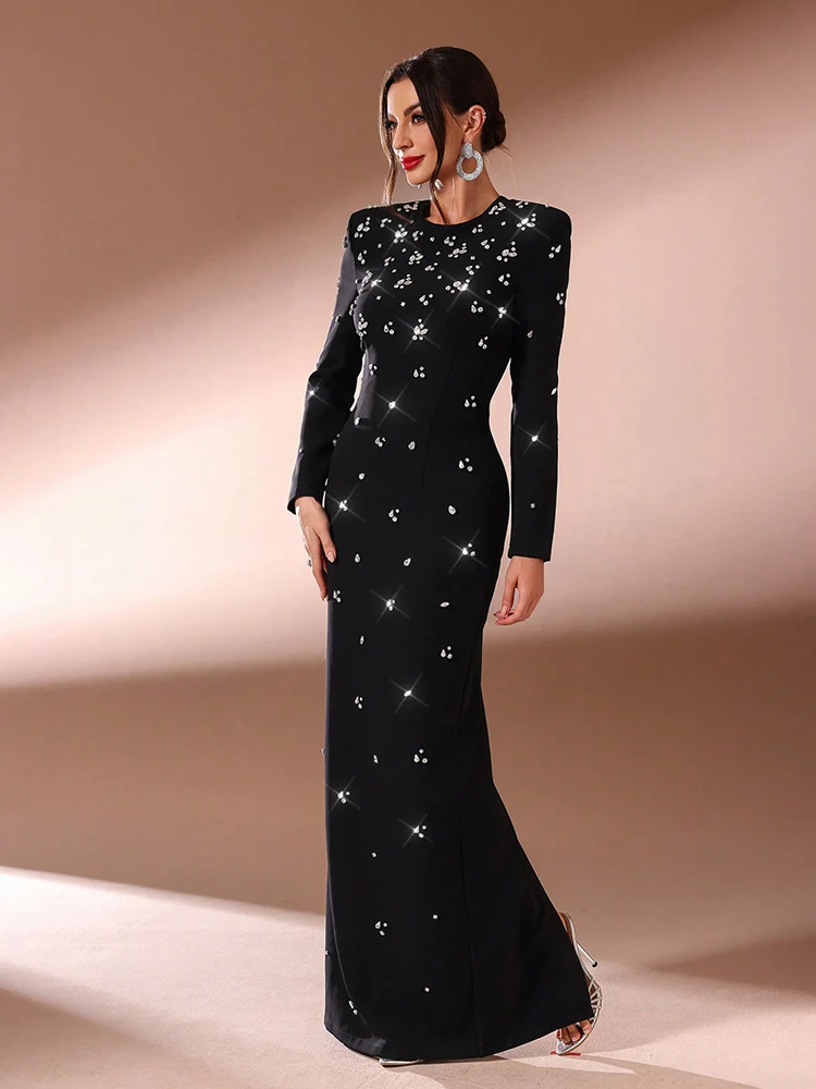 TOLEEN Women Solid Color Rhinestone Decorated Casual Long Sleeve Dress 2024 New Luxury Elegant Formal Party Evening Maxi Dresses