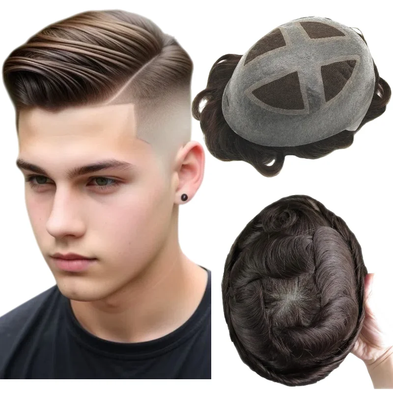 شعر مستعار أحادي القاعدة للرجال، شعر بشري متقاطع فوق البولي يوريثان | نظام شعر مزيج من الدانتيل + البولي يوريثان، قطعة شعر متينة للارتداء اليومي #1
