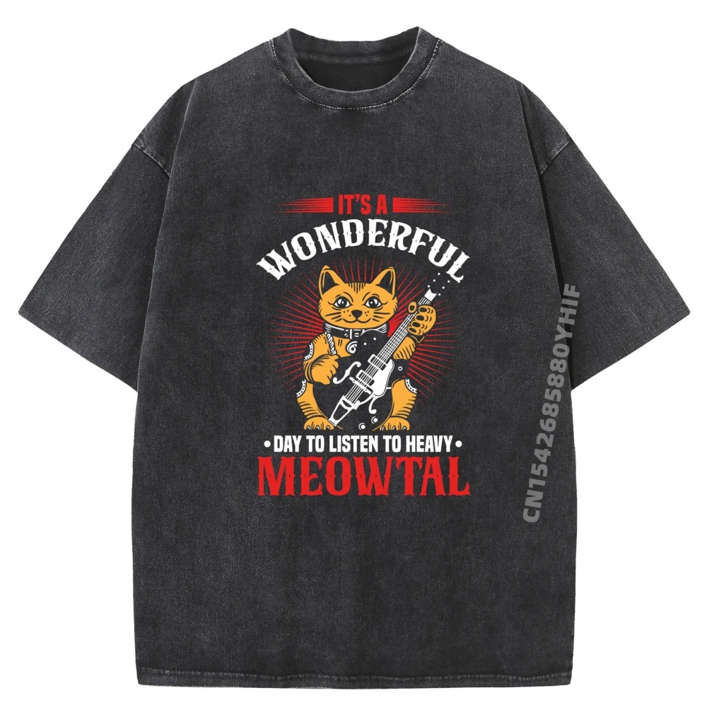 Music Guitar Heavy Meowtal Plain T Shirts Wholesale Funny Gifts Figures Washed Shirt Mens Printed Clothes