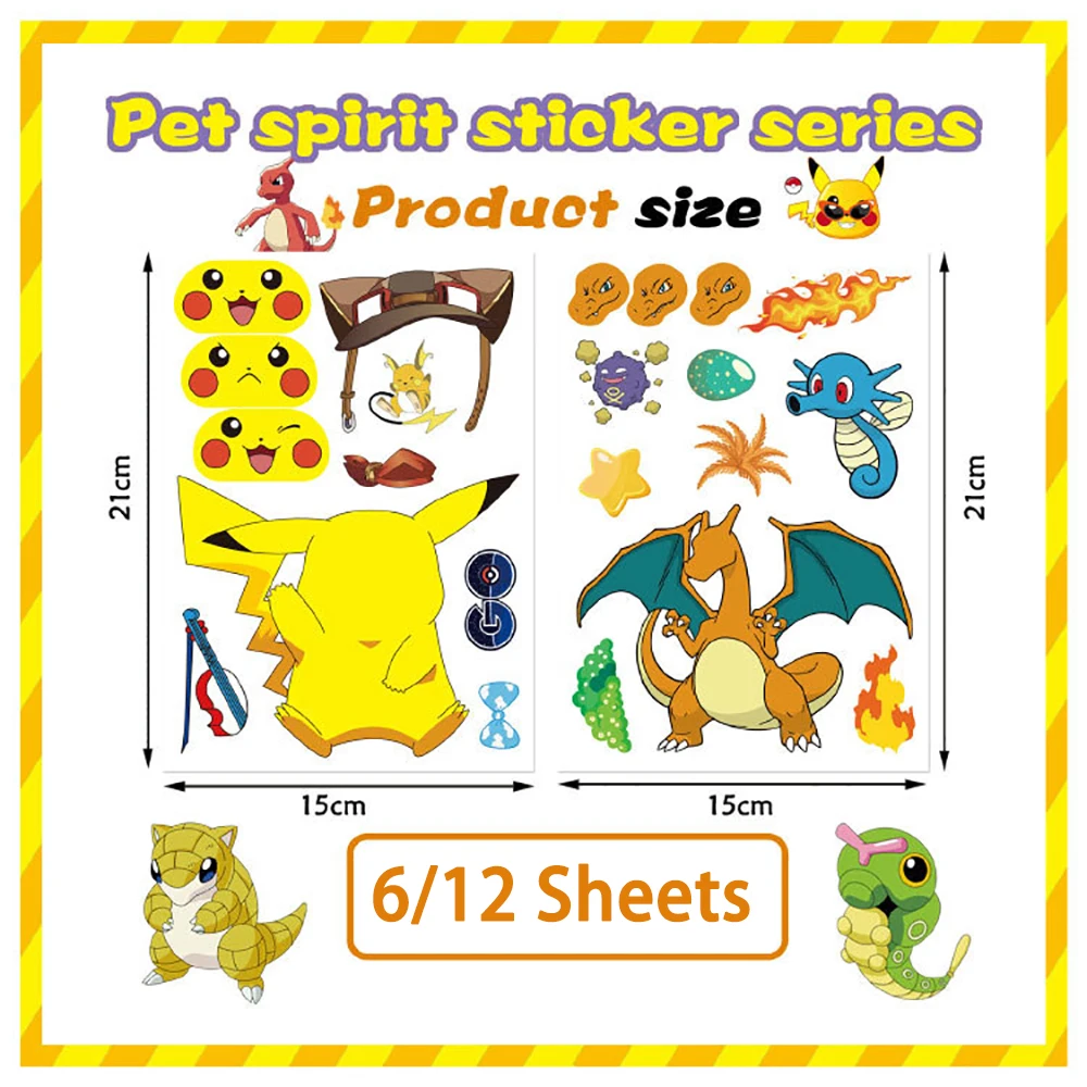 6/12Sheets Cute Pokemon Puzzle Anime Stickers DIY Make-a-Face Assemble Funny Cartoon Decal Assemble Jigsaw Children Boy Toy Gift