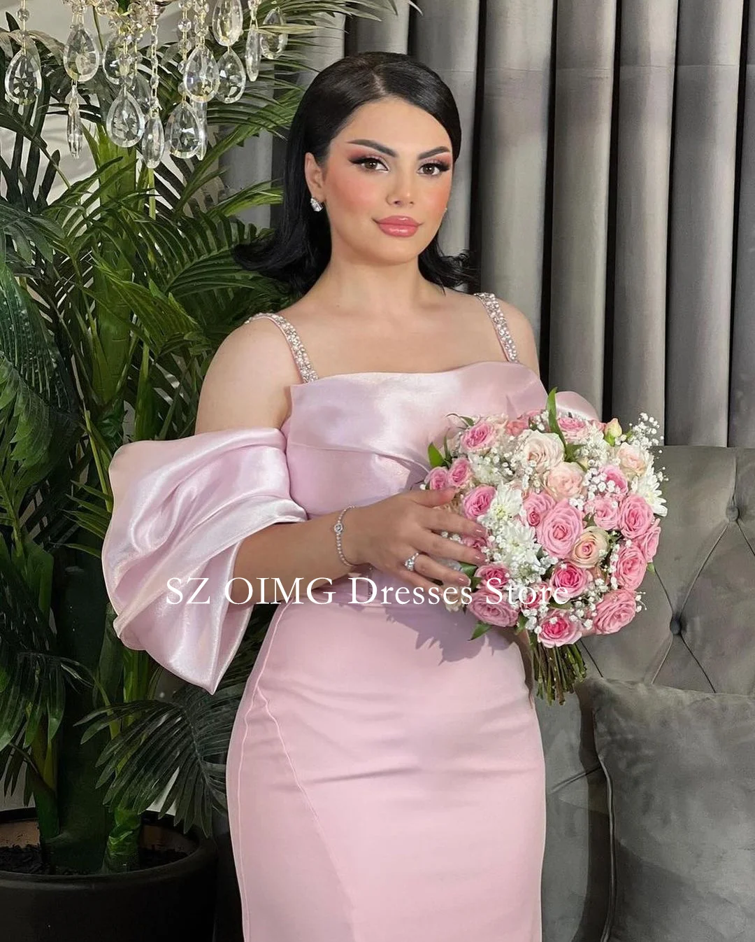 OIMG New Design Spaghetti Straps Prom Dresses Saudi Arabic Women Customized Pink Satin Split Evening Gowns Formal Party Dress