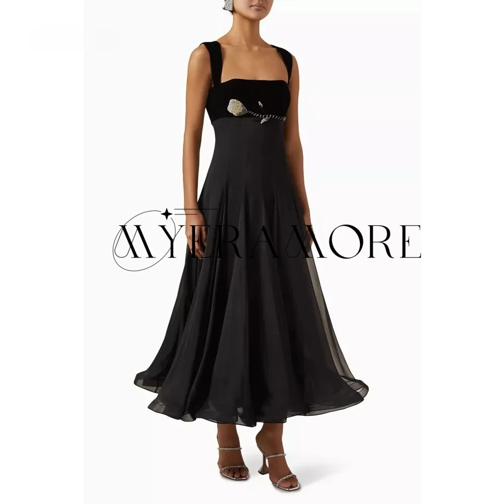 Contrasterende kleur Avondjurken Roze Vierkante hals Kralen A-lijn Theelengte Celebrity Galajurken Op maat gemaakte فسات voiture