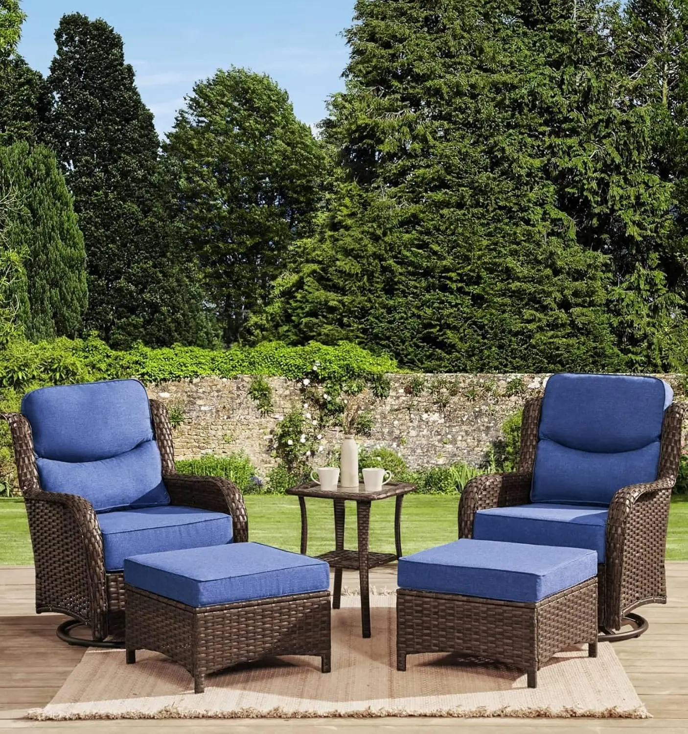 

Extra Thick Cushion 5-Piece Patio Conversation Set with Swivel Rocking Chairs & Ottomans, Luxury Outdoor Furniture for Porch