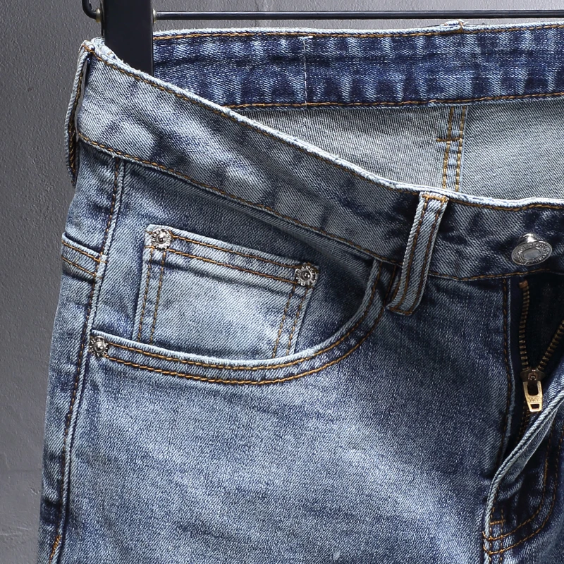 High Street Fashion Designer Men Jeans Retro Light Blue Stretch Slim Fit Ripped Jeans Men Y2K Hip Hop Vintage Denim Pants Hombre