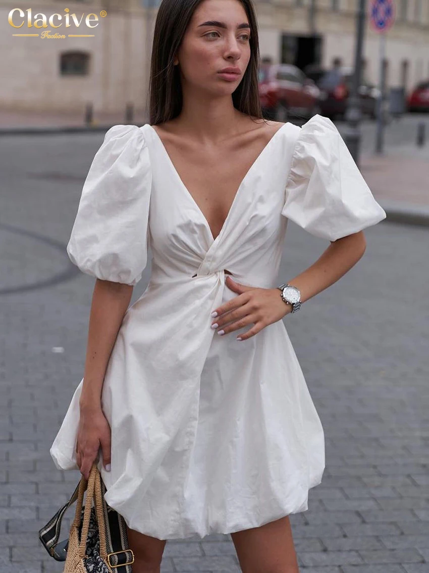 White Cotton V-Neck Mini Dress - Loose Fit Short Sleeve