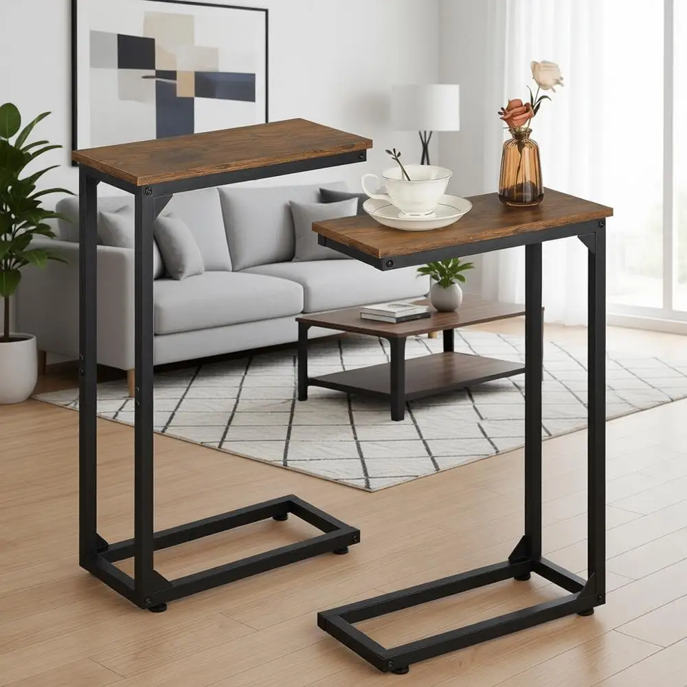 

C-Shaped Sofa Side Table, Space-Saving Under Couch Table, Ideal for Living Rooms and Bedrooms, Rustic Brown