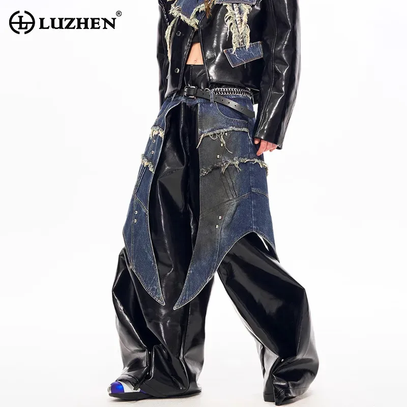 

LUZHEN 2025 New High Street Vintage Tie-dyed Patchwork Cowboy Hemline Design Leather PU Pants Men's Loose Wide Leg Jeans JY5206