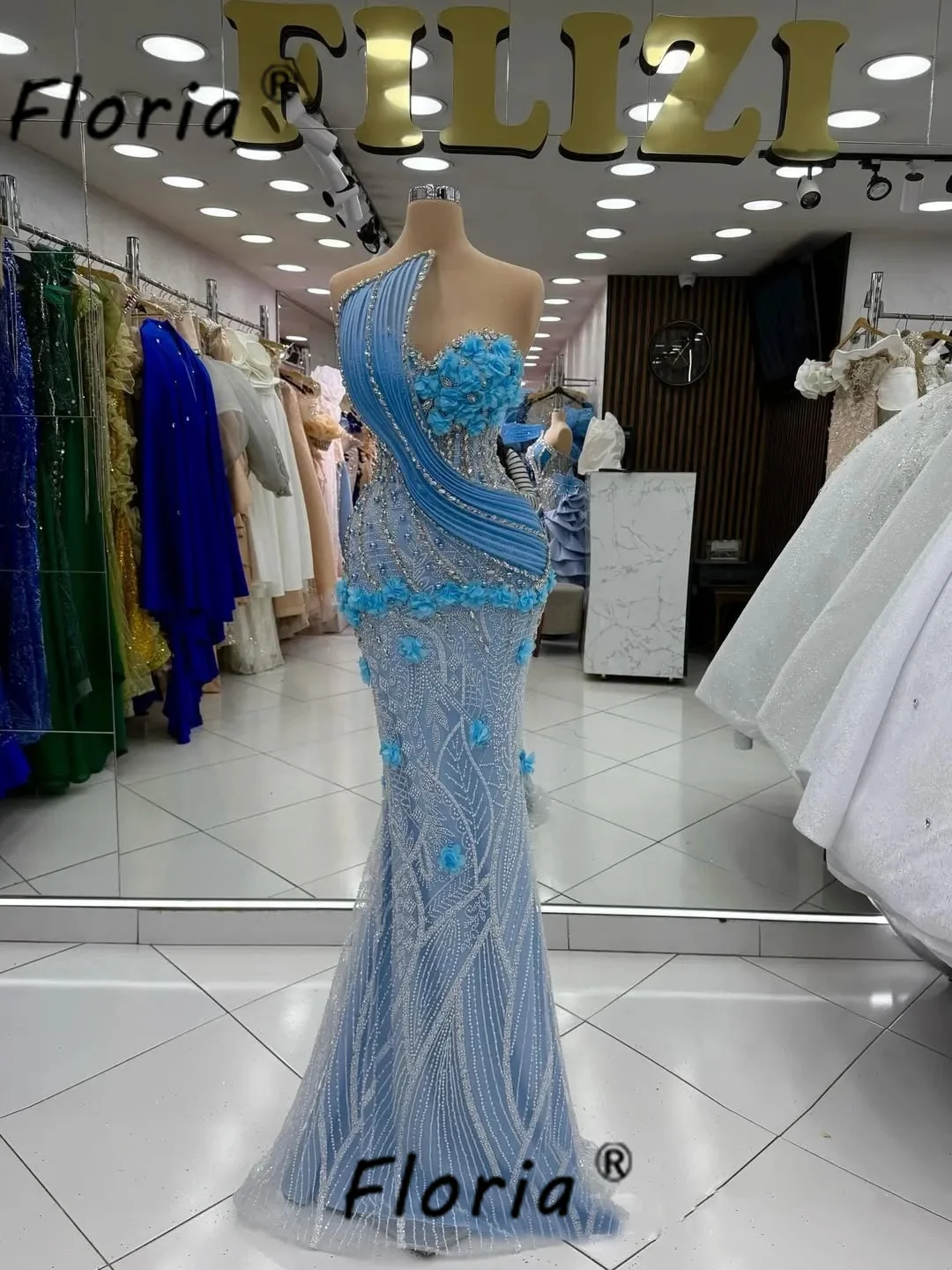

Elegante Woman Mermaid Evening Dress Blue Beaded Flower Appliques Formal Party Celebrity Dresses 2026 Customized Vestidos Gala