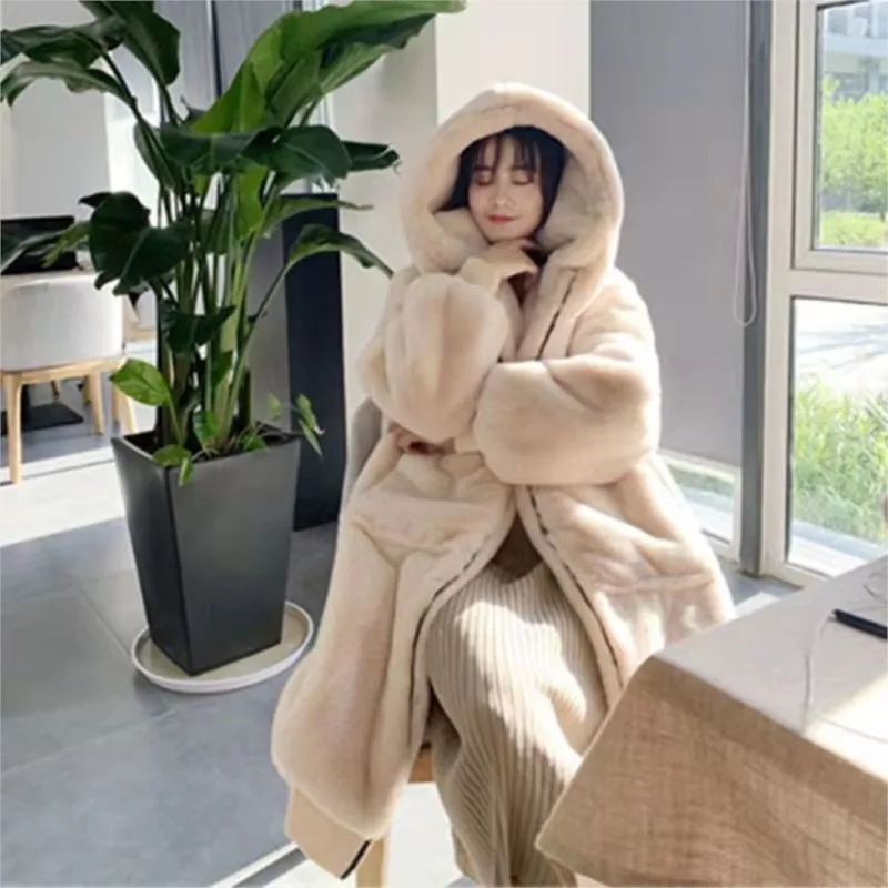 

Loose plush coat for women mixed fur thickened hooded mid-length style cotton large size black