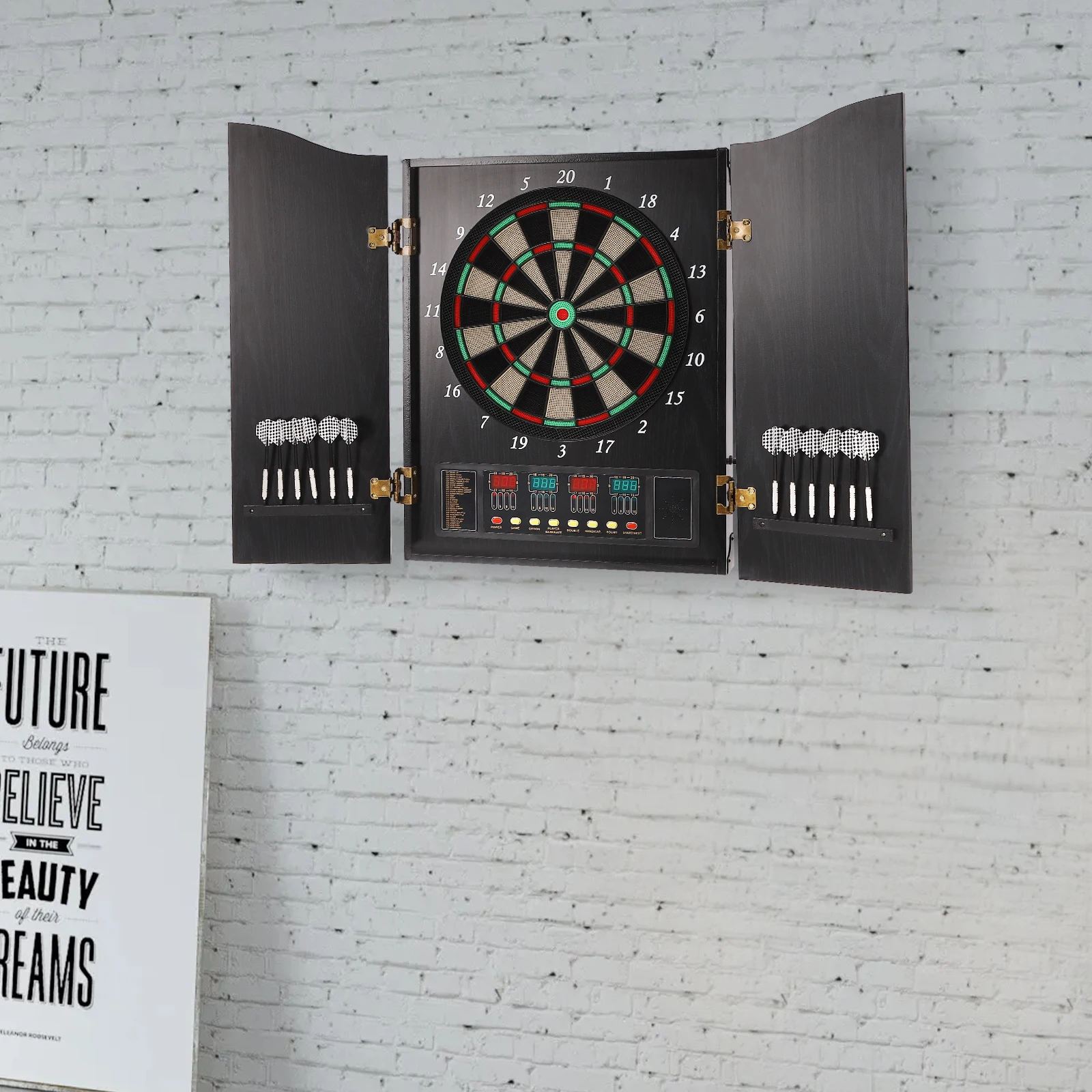 100-240V Electronic Dart Machine Wall-mounted Dartboard Cabinet 4 LEDs High Brightness Display