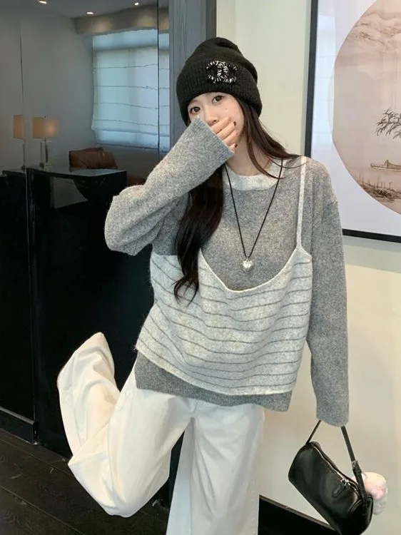 

plus Size Casual Knitted Long Sleeve Sweater Stripe Patchwork Oversize Slimming Autumn New Style Hoodie Style Women's Top