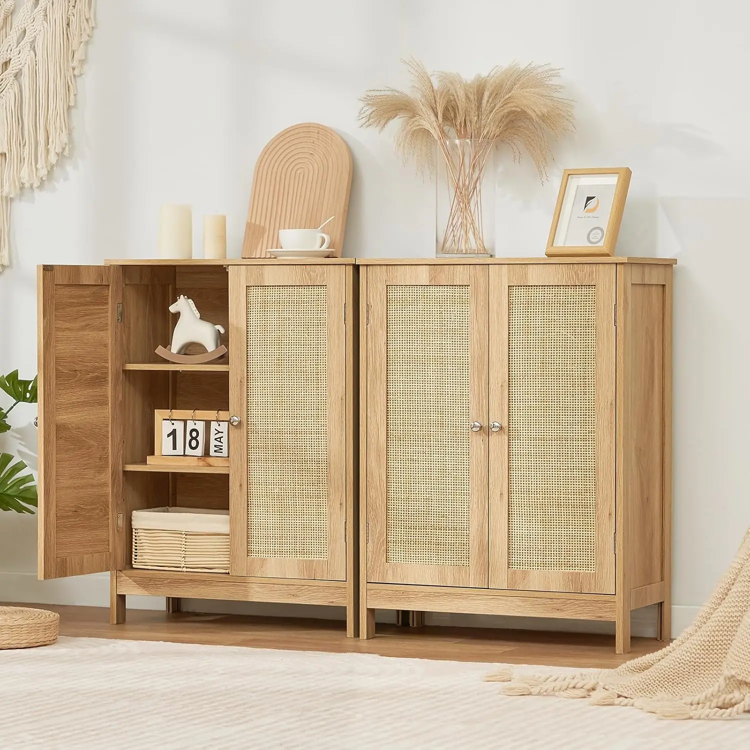 Iwell Storage Cabinet, Rattan Cabinet with Adjustable Shelf, Floor Storage Cabinet, Bathroom Storage Cabinet, for Living Room