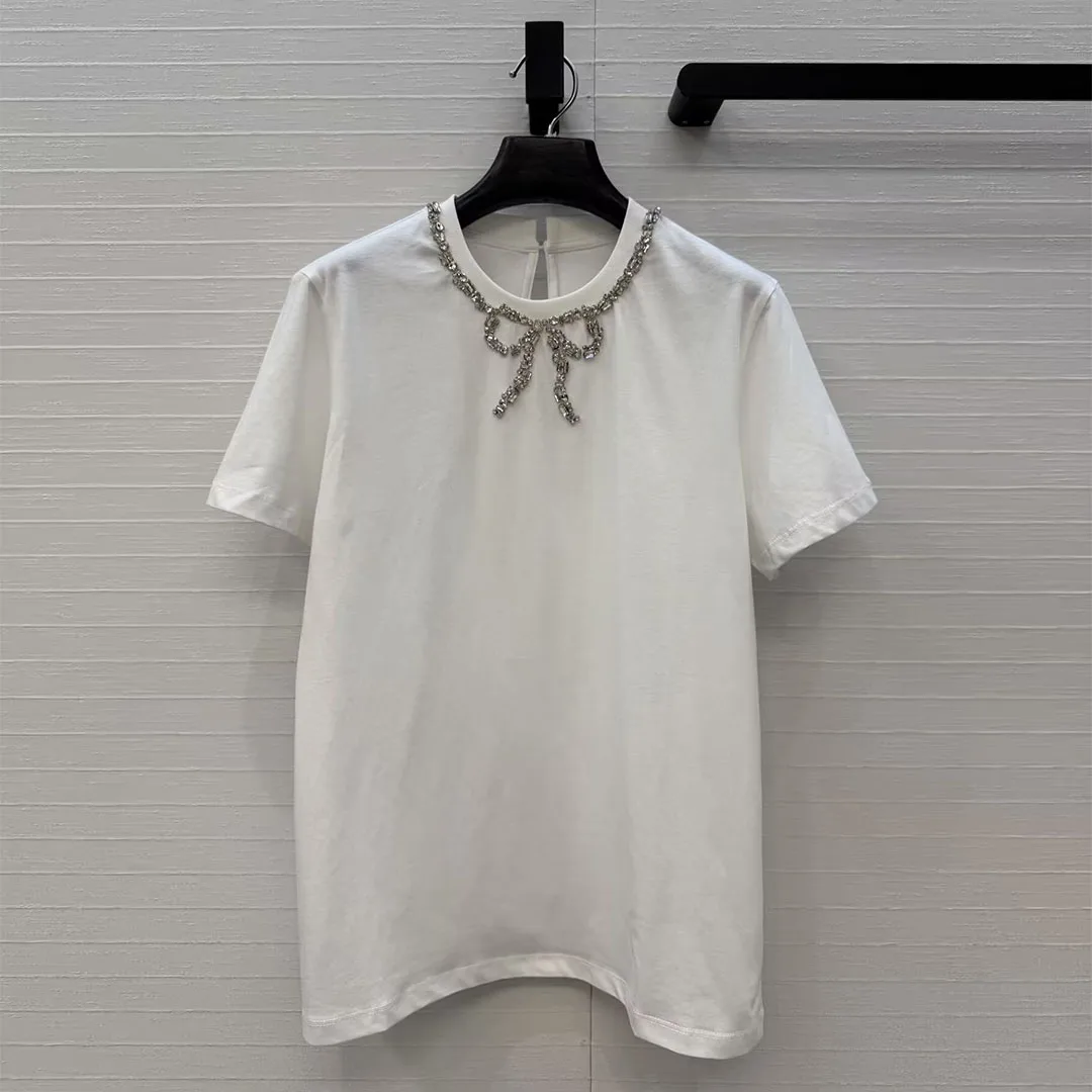 

2026 New Spring Summer Solid Color Cotton Tops Women O-neck Short Sleeve Diamonds Beading Bow Casual T-shirt