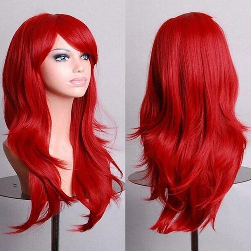 

70cm Long Red Curly Halloween Custume Wigs Fake Hairpieces Synthetic Hair Cosplay Wig Peruk for Women