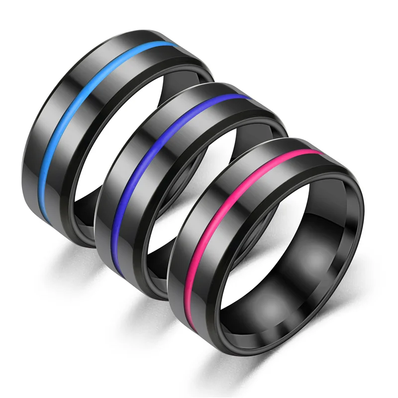 Fashion Men's Black Tungsten Wedding Band Rings 8mm Width Blue/Purple/Red Groove Beveled Edge Finger Ring Boyfriend Jewelry Gift