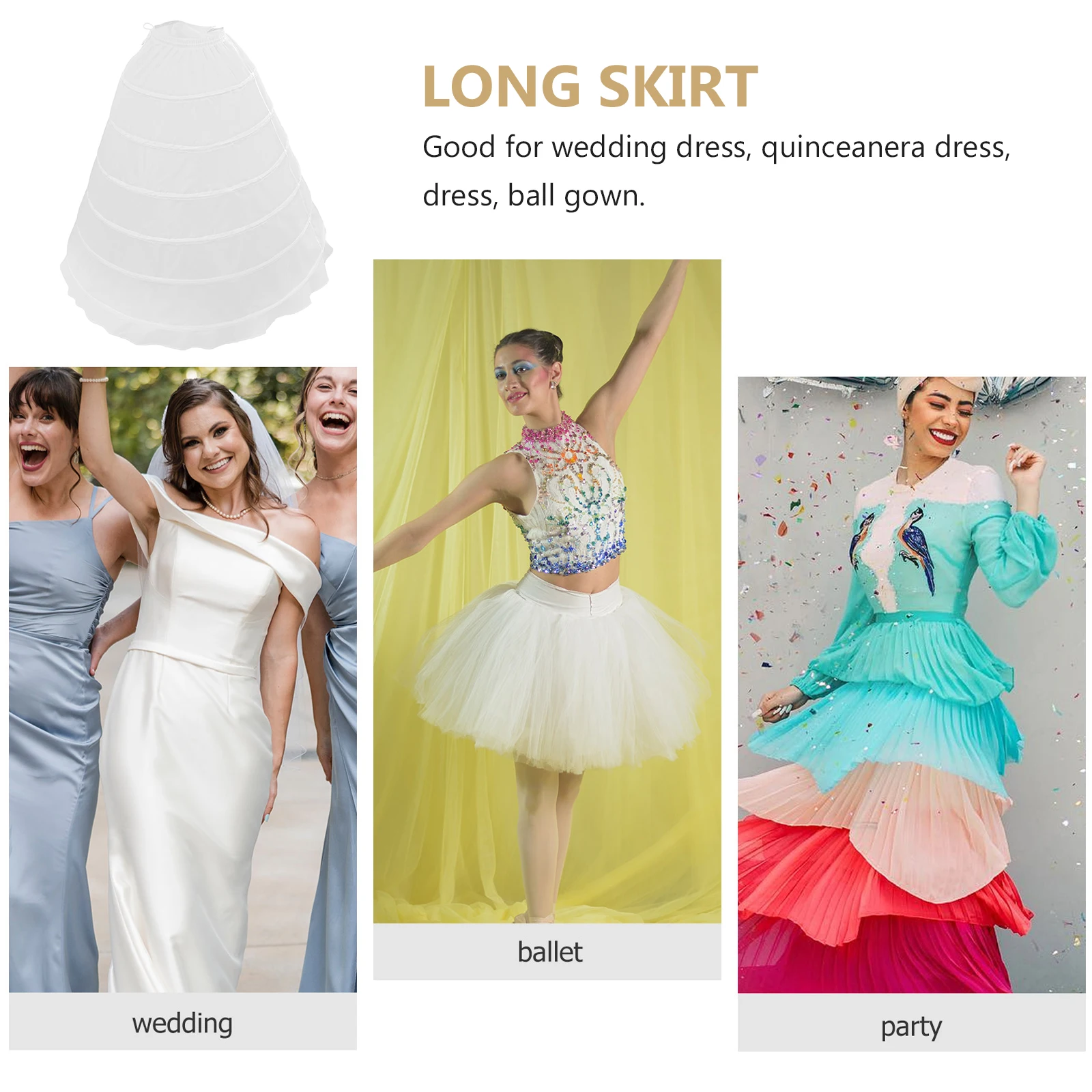 

6 Hoop Single Layer White Bridal Petticoat Wedding Skirt Underskirt Full Dome Shape for Dress Ball Gown Quinceanera