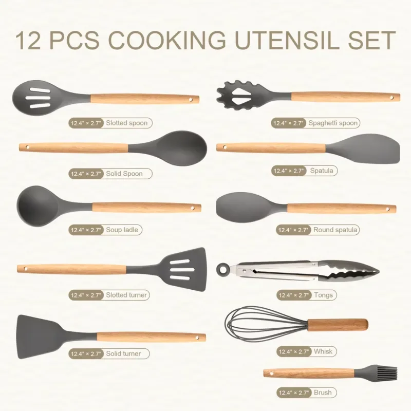 Non-stick silicon 12 pcs heat-resistant wooden handle kitchen cookware set, gray
