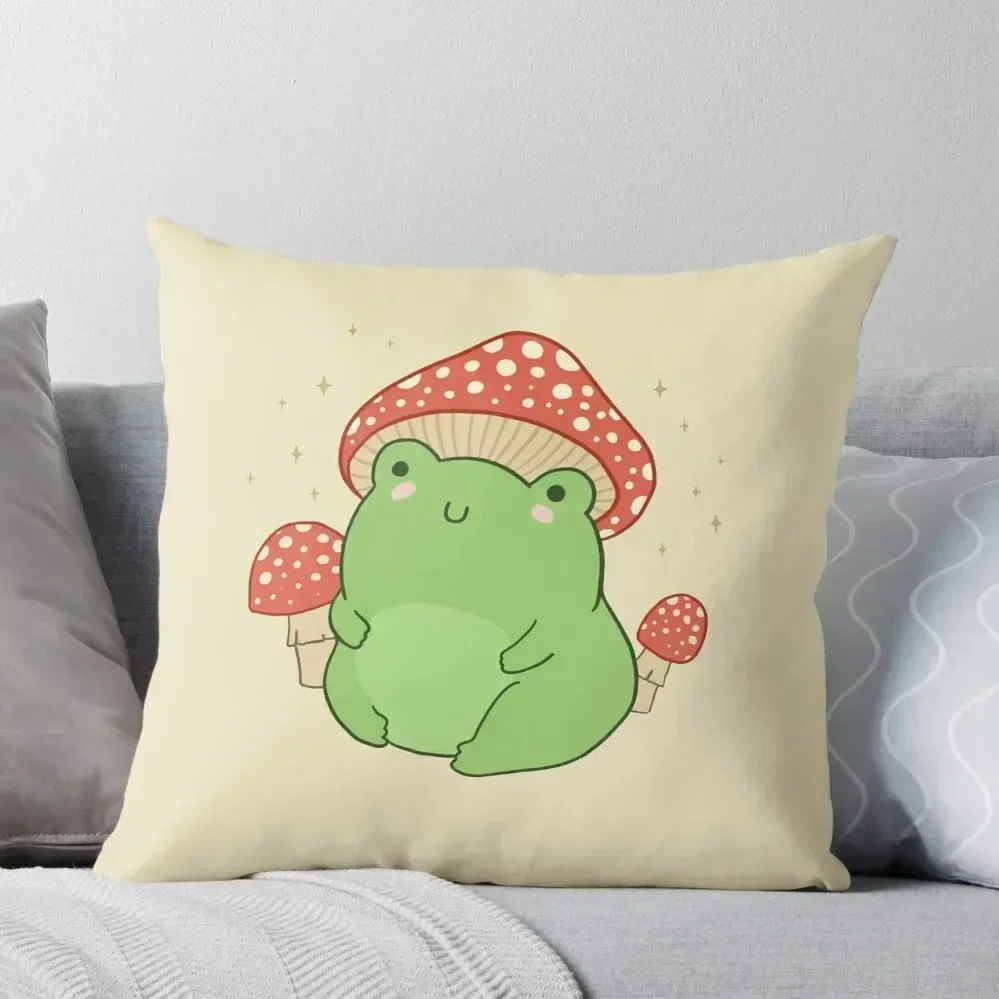 Kawaii Frog with Mushroom Hat: Cottagecore Aesthetic Froggy, Chubby Toad in Forest Themed Fantasy Toadstools Throw Pillow