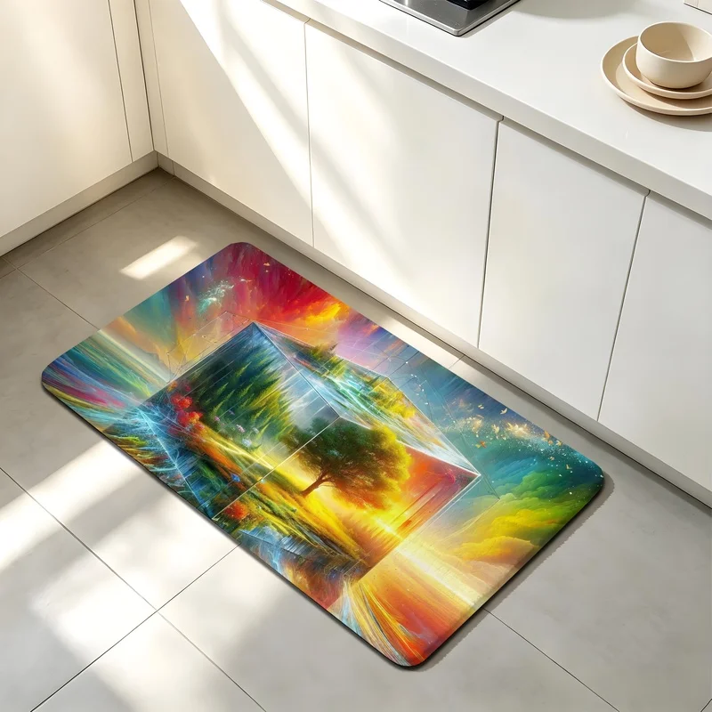 Bath Mat Flannel Sponge Magic Cube Forest Fantasy Art For Bathroom Bedroom Home Floor