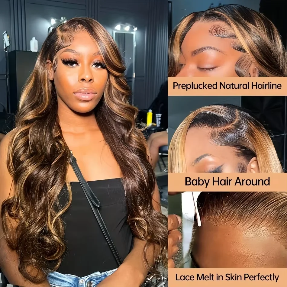 Perruque Lace Front Wig naturelle Body Wave à reflets, 13x6 hd, pre-plucked, P4/27, couleur Blonde et brune, pour femmes