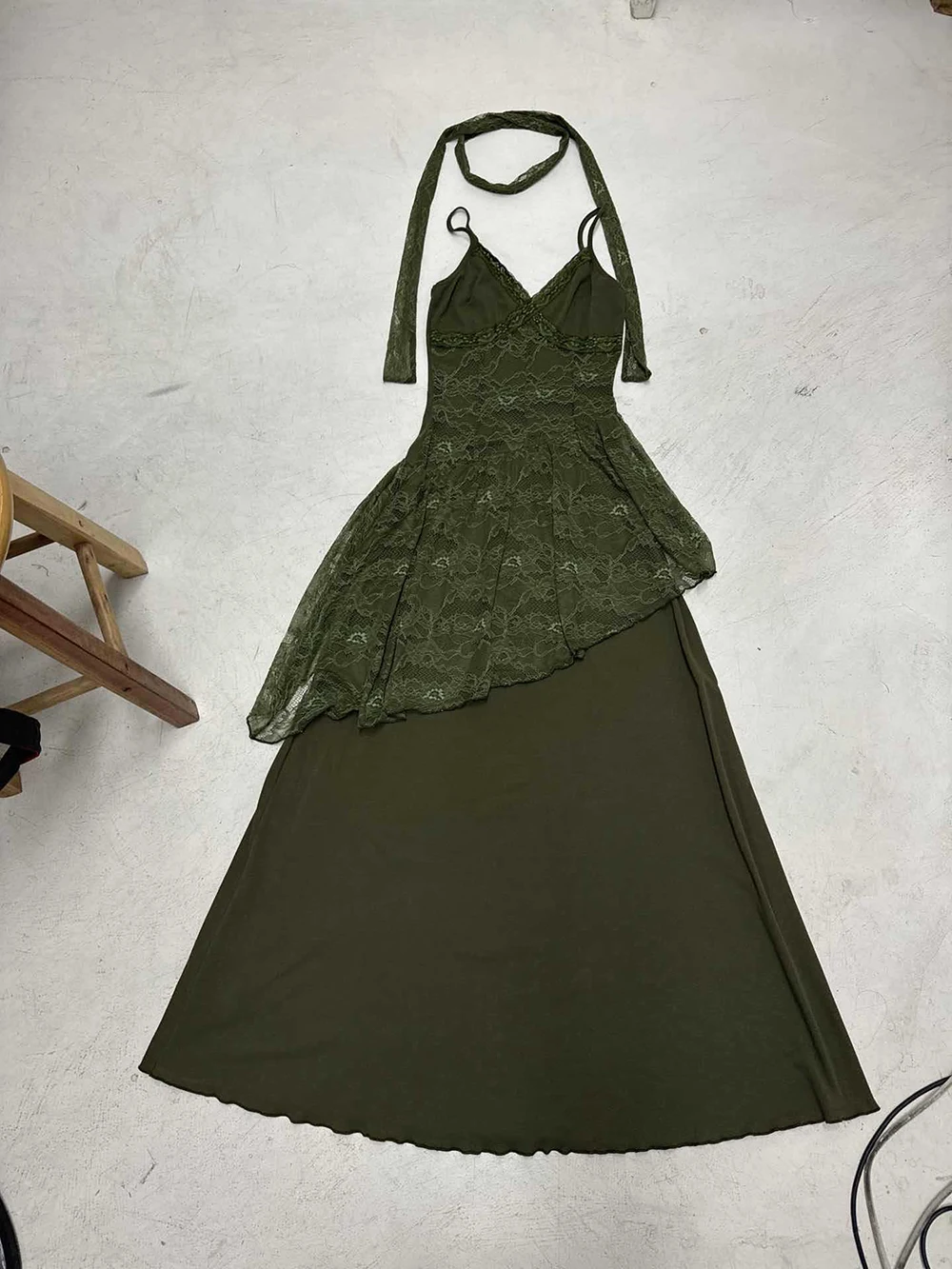 Forest-Style Girl's Vacation Lace Splice Strapless Dress Thin See-through V-neck Asymmetrical Green Long Skirt for Women