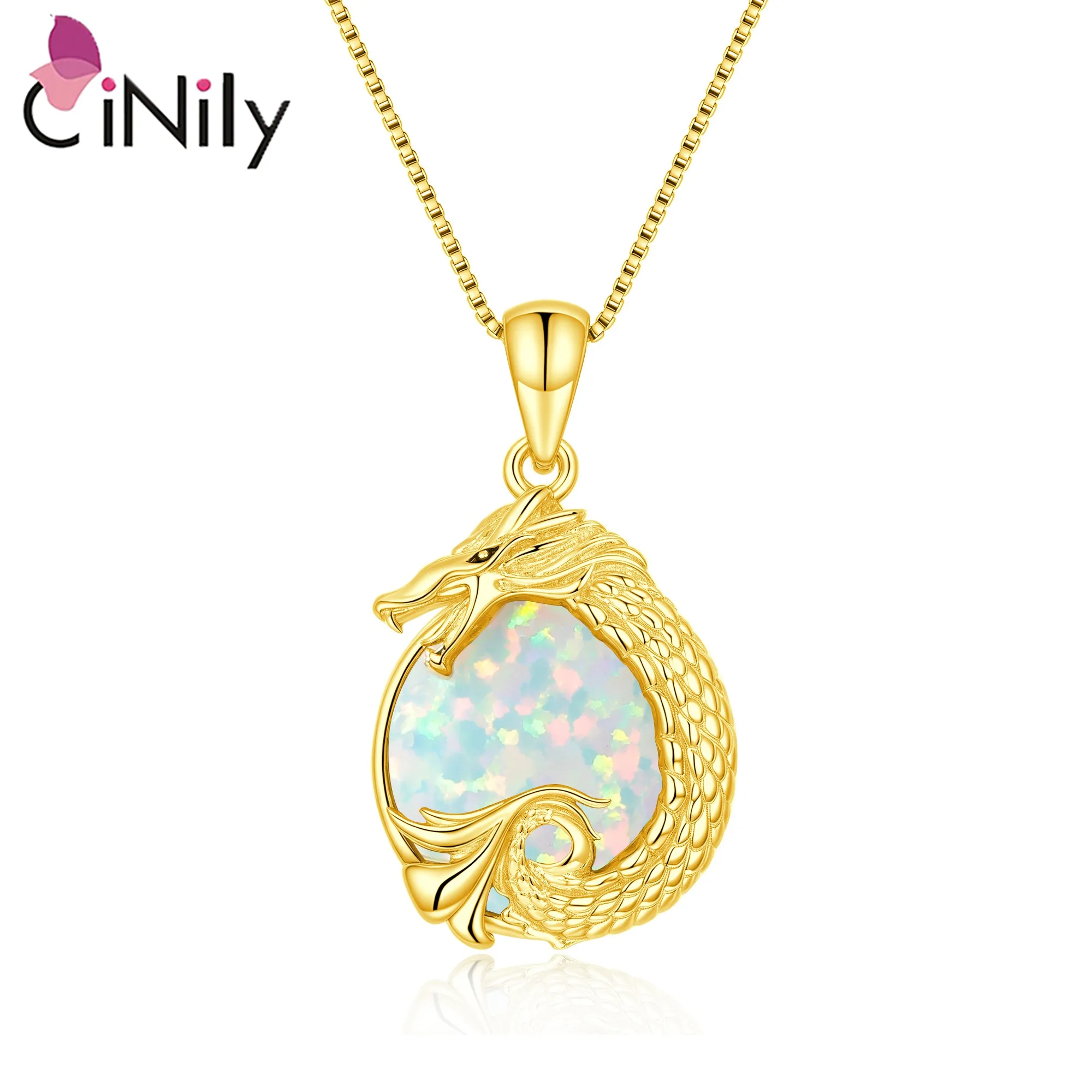 

CiNily Multicolor Opal Pendant Necklace Yellow Gold Plated Dragon Pendant Fashion Jewelry Valentine's Day Gifts for Men Women