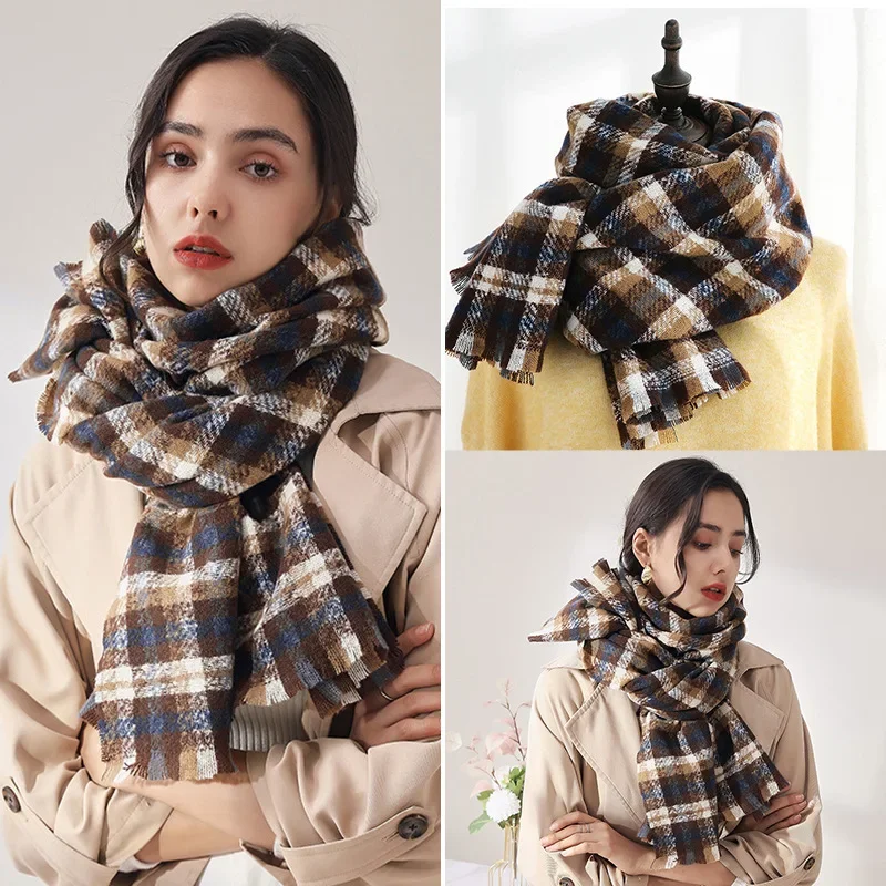 Fashion Luxury Grid Scarf for Women Winter Imitation Cashmere Thickened Warm Scarves Cold-proof Shawl Clothing Accessories Gift