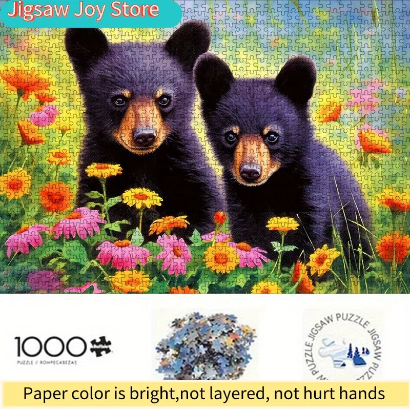 ปริศนากระดาษ DIY - หมีดำแสนน่ารักในทุ่งดอกไม้ วัสดุการ์ดสีขาวคุณภาพสูง เหมาะสำหรับเกมครอบครัว ตกแต่งบ้าน