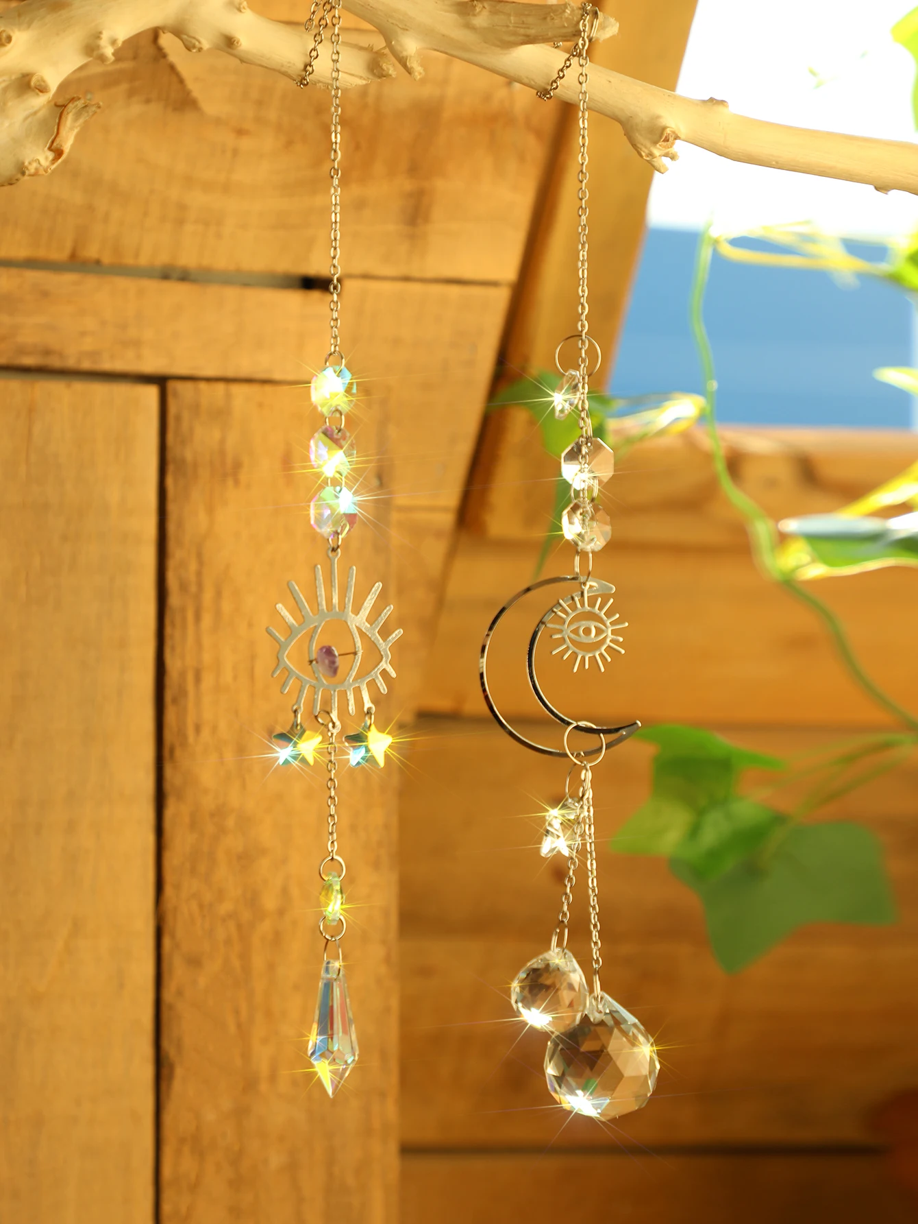 Picture 5: 2pcs Evil Eye Moon Crystal Sun Catcher Hanging Ornaments Garden Suncatchers Window Wind Chimes Light Catcher Outdoor Decors Gift
