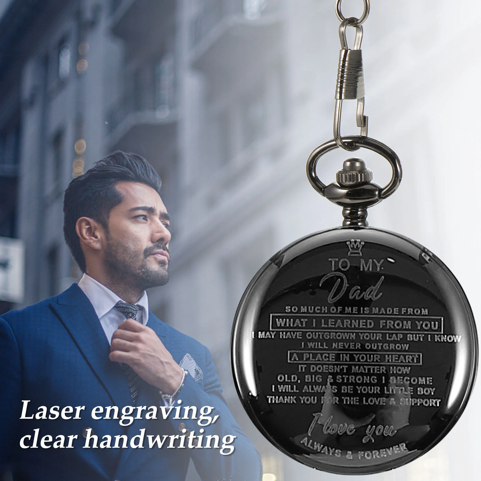 Collar grabado con láser, colgante de movimiento de cuarzo de bolsillo para hombre, reloj Vintage, reloj de cadena Retro, Idea de regalo Unisex