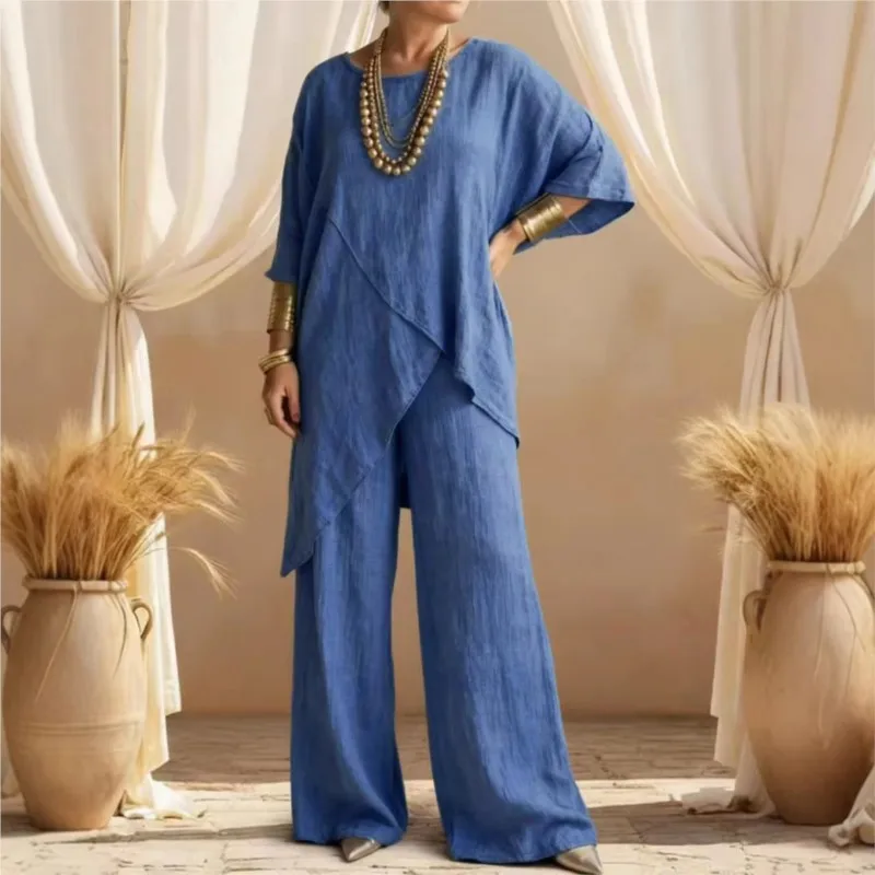 

Casual Solid Color Three-quarter Sleeve Trousers Two-piece Set 2026 Summer New Cotton And Linen Irregular Top Suit For Women