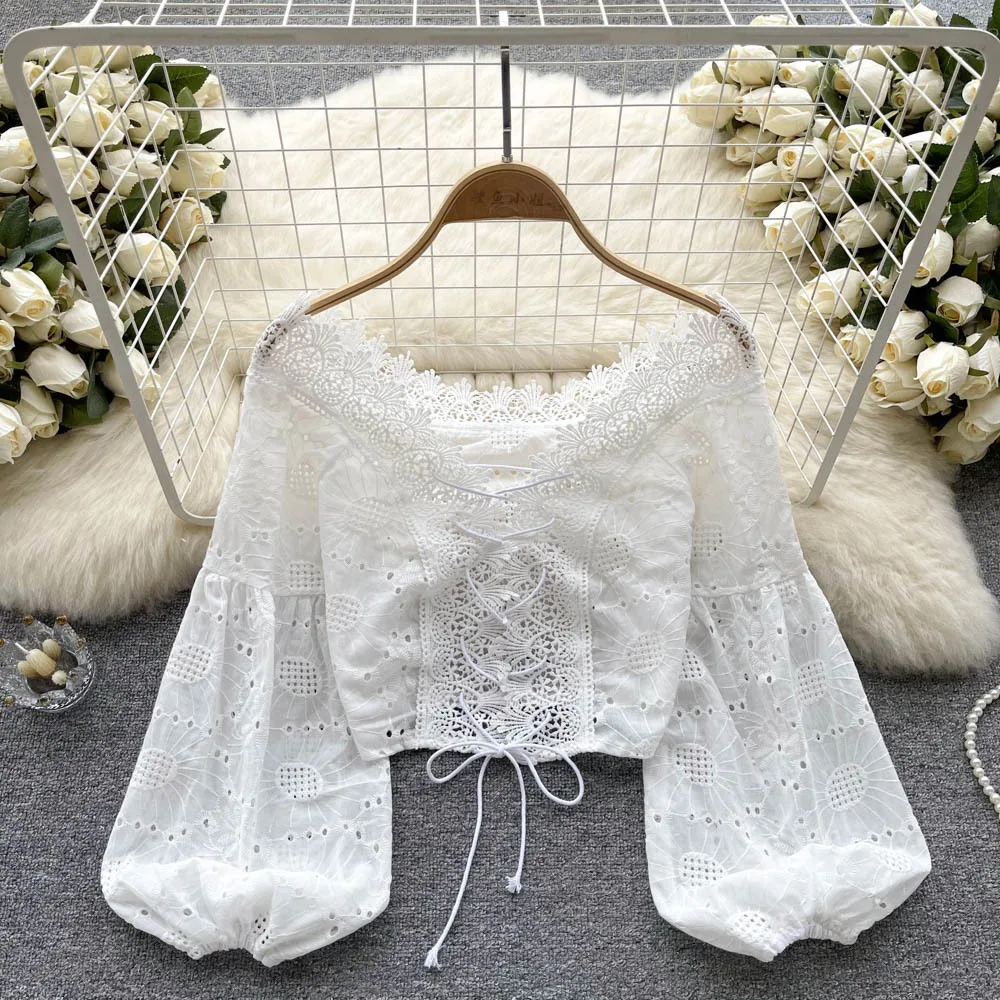 Lace Embroidery Casual Shirt Women Elegant V Neck Off Shoulder Long Sleeve Hollow Out Ladies Spring Summer Blouse