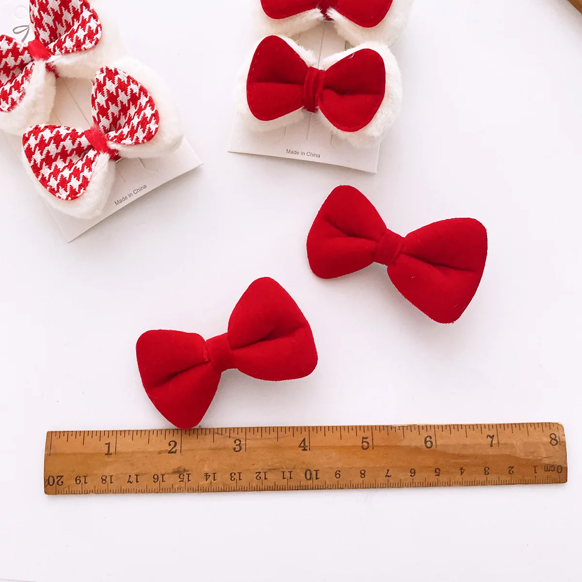 2pc Cute Red color Baby Velvet Bow Hair Clips Cotton Plaid Bow Hairpins Kid Christmas Barrettes Girls Christmas Xmas Headwear