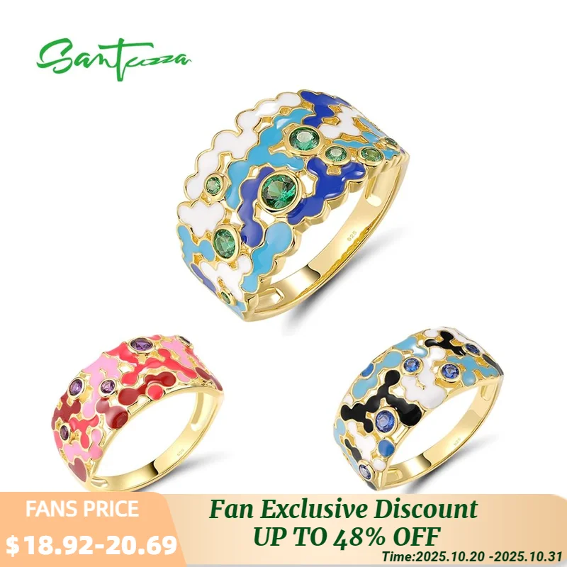 

SANTUZZA Authentic 925 Sterling Silver Rings For Women Sparkling Gems Enamel Mosaic Elegant Party Gifts Individual Fine Jewelry