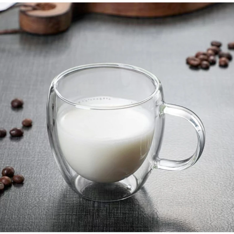 Double Layer Transparent Glass Cup High Borosilicate Glass Juice Milk Heat-Resistant Coffee Cup Round Egg Shape with Handle