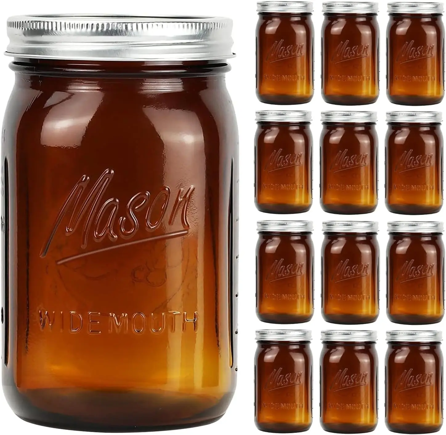 Amber Wide Mouth    Jars 32 oz with Metal Airtight Lids - Vintage Quart Size Glass    Jars for Food Storage, Canning, Preserv