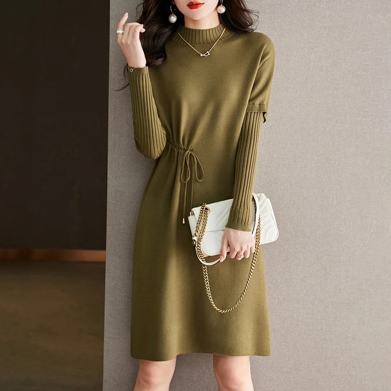

Female Clothing Temperament Elegant Bandage Knitted Dress Autumn Winter Fashion Fake Two Pieces Soft Wool Knee Length Dresses