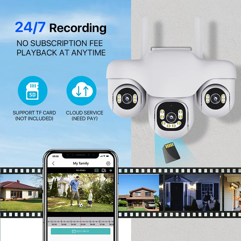 6MP Triple Lens PTZ Camera Outdoor WiFi IP66 Waterproof Security Cam Full Color Night Vision Two-Way Audio
