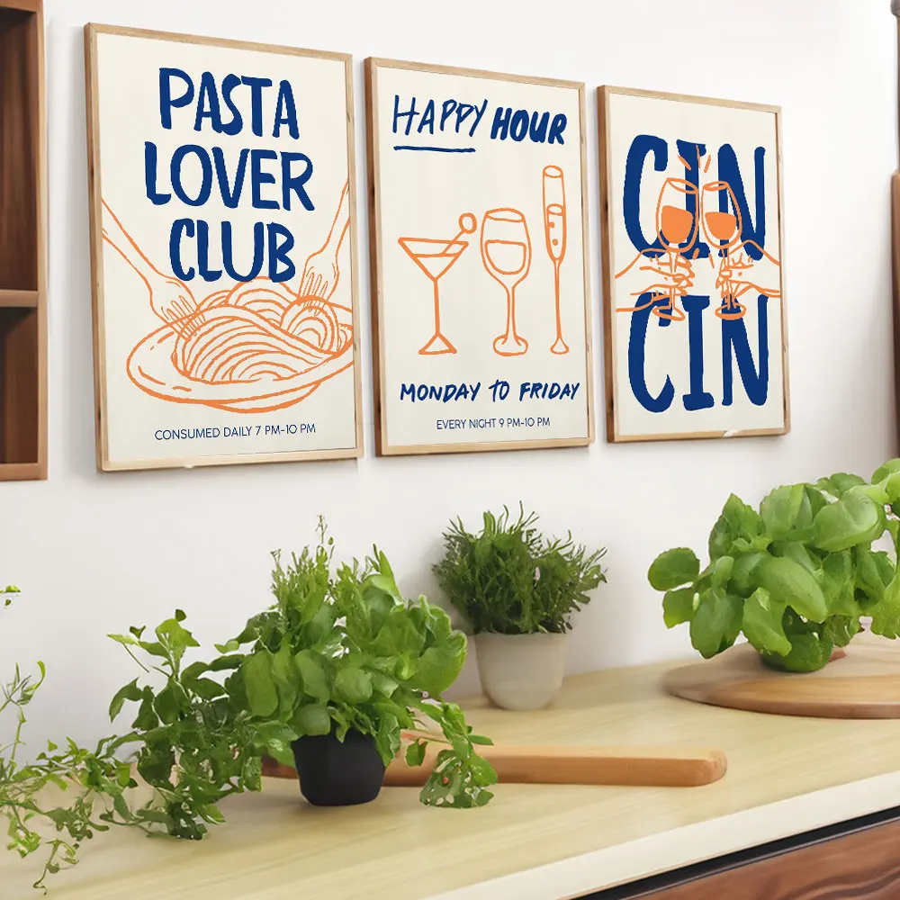 Set of 3 Kitchen Retro Happy Hour Vintage Cheers Posters Canvas Painting Print Room Home Kitchen Bar Room Wall Decor