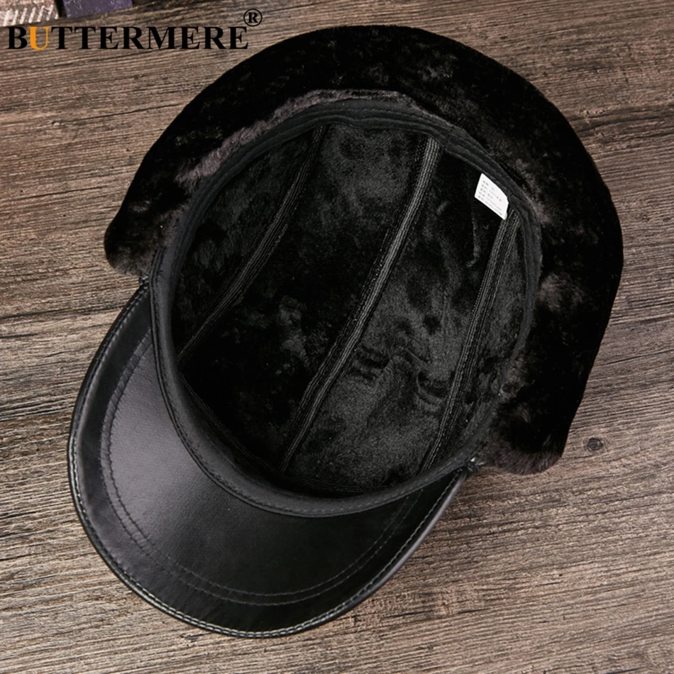 BUTTERMERE Bomber chapeau en cuir noir hommes Ushanka chapeaux avec oreillettes plus épais russe chapeaux hiver chaud en cuir véritable mâle fourrure casquettes